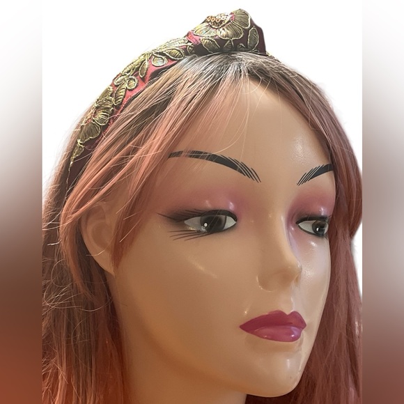 Burgundy Vintage Style Floral Embroidered Knotted Headband - Picture 2 of 4